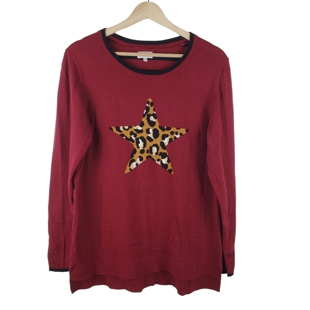 CROWN & Ivy Sweater‎ Crewneck Womens Large Maroon Black Cheetah Star